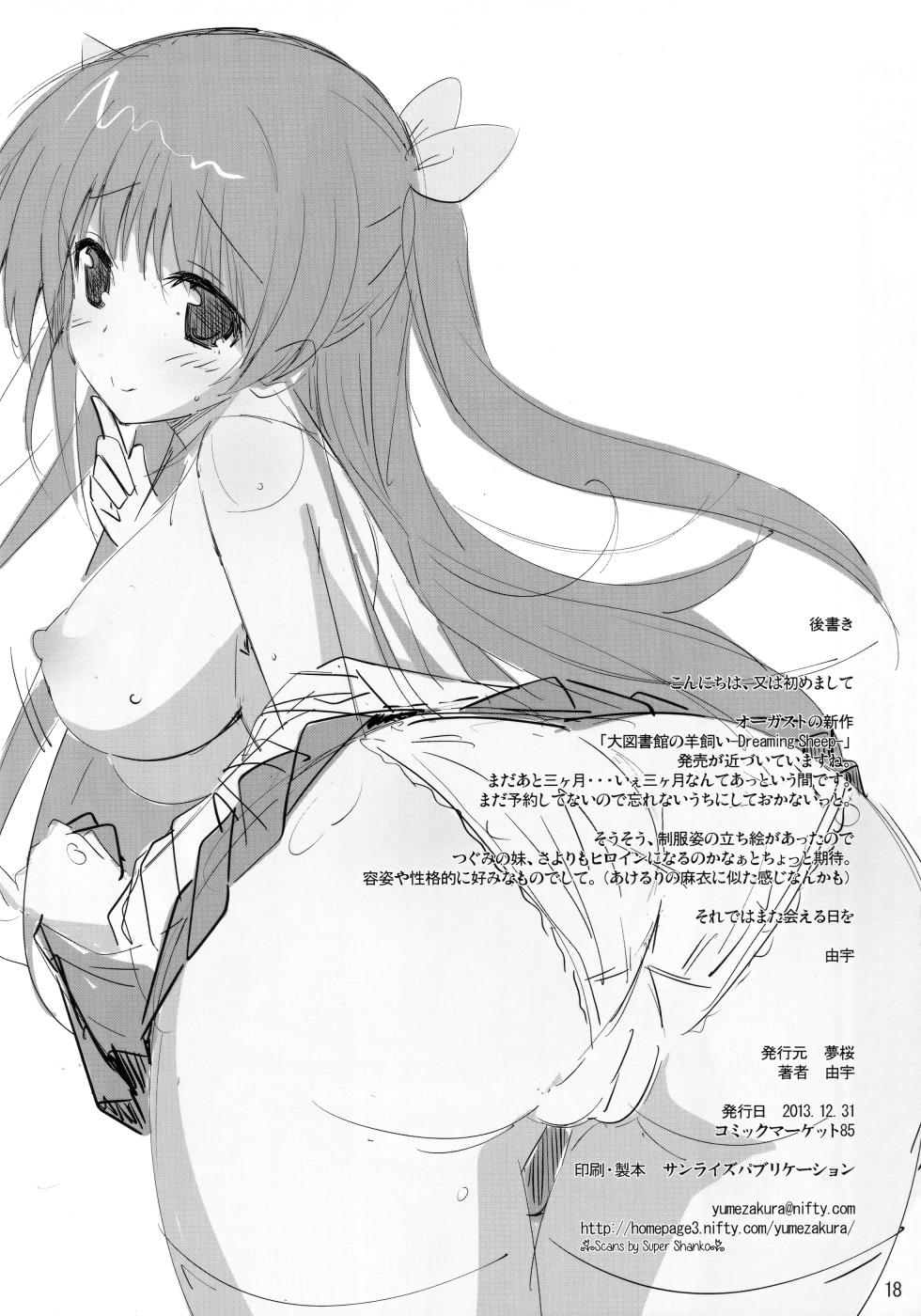 (C85) [Yume-zakura (Yuu)] Toshobu! 4 (Daitoshokan no Hitsujikai) - Page 17