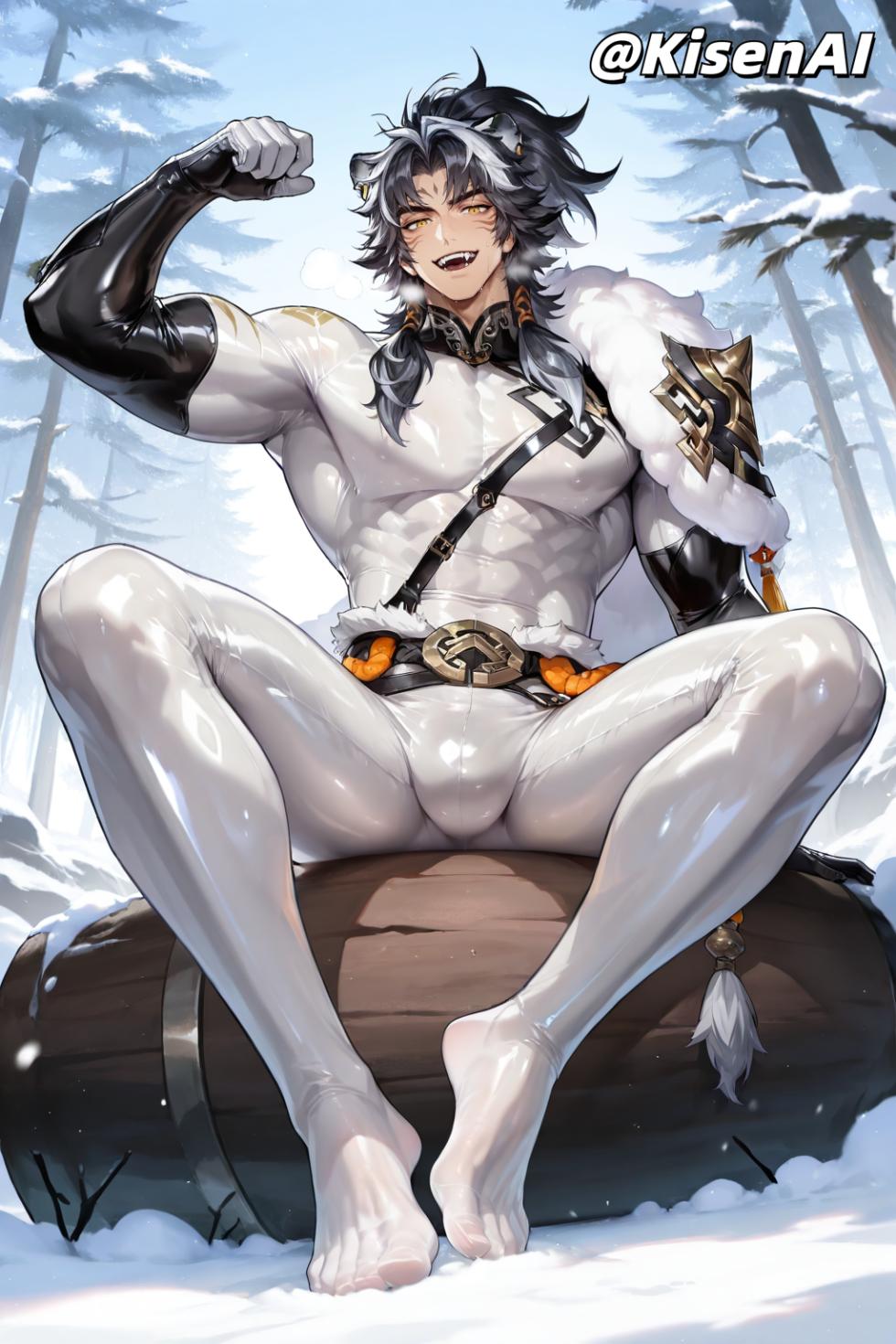[KisenAI] Honor of Kings- Zhangfei tusun skin-black&white bodysuit-王者荣耀张飞兔狲蓬尾皮肤-黑色白色胶衣版 [AI Generated] - Page 1