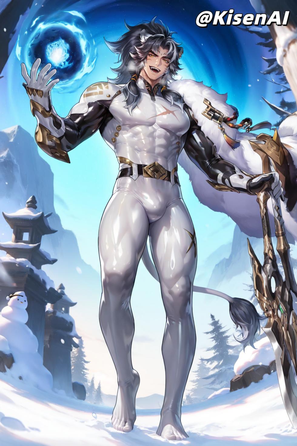 [KisenAI] Honor of Kings- Zhangfei tusun skin-black&white bodysuit-王者荣耀张飞兔狲蓬尾皮肤-黑色白色胶衣版 [AI Generated] - Page 2