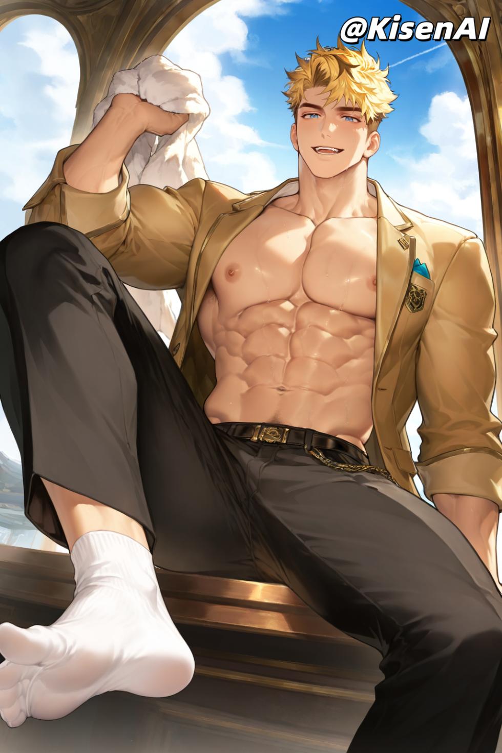 [KisenAI] Honor of Kings-Arthur new skin-muscle-suit- 王者荣耀-亚瑟布丁狗之誓皮肤-正装黑袜白袜腹肌肌肉版SFW [AI Generated] - Page 11