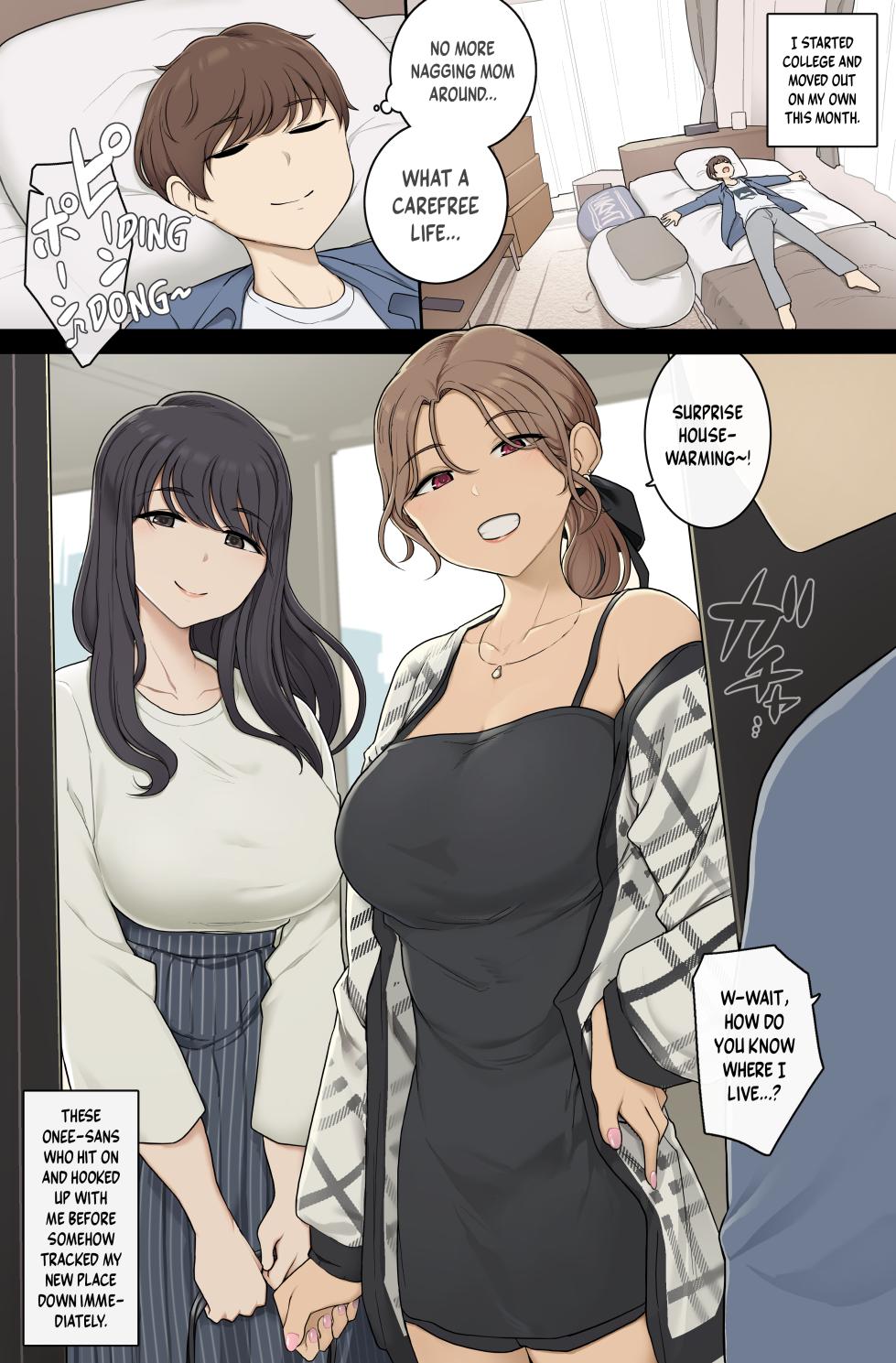 [Wakamatsu] Keitai Choushin Onee-san-tachi ni Shinkyo o Yaribeya ni Sareru Hanashi | Tall, Busty Onee-sans Turn My New Place into Their Sex Room [English] - Page 1