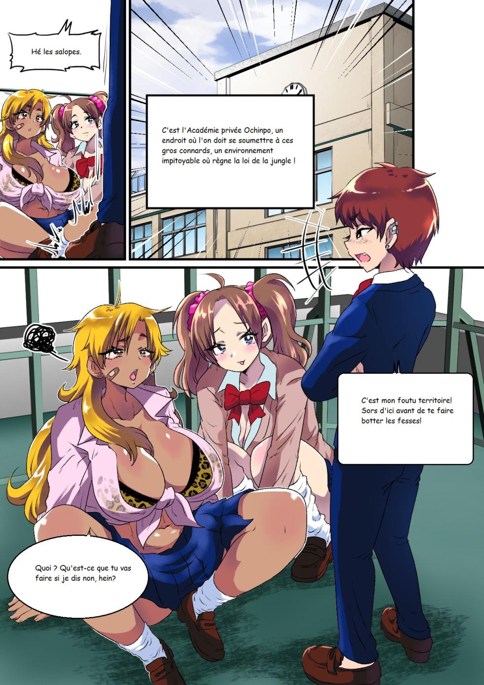 [Nikuyakitei (Nikuyaki)] Ore ga Mesu Ochi Shite Kyokon Futanari Gal-tachi no Seishori-you Chinpo Ana ni Choukyou Sarete Shimatta Ken. | L'histoire de la façon dont je suis devenue une femme et comment j'ai été entraînée à être un trou de pénis pour le sexe par des filles futanari à grosses bites. [French] - Page 2