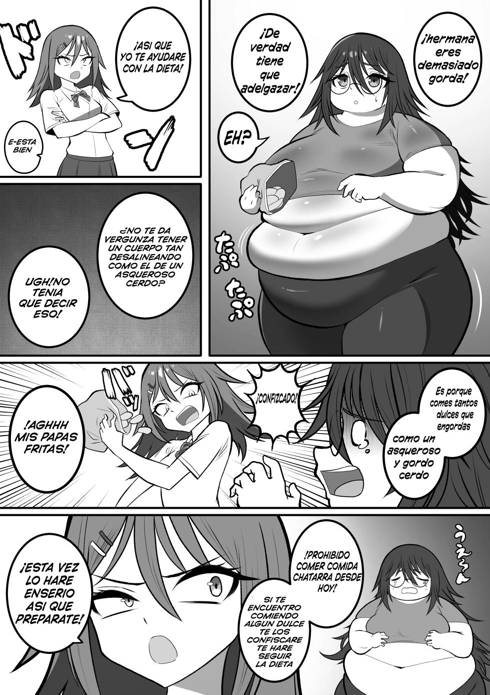 A fat older sister on a diet and a younger sister who awakens to fattening - Page 1
