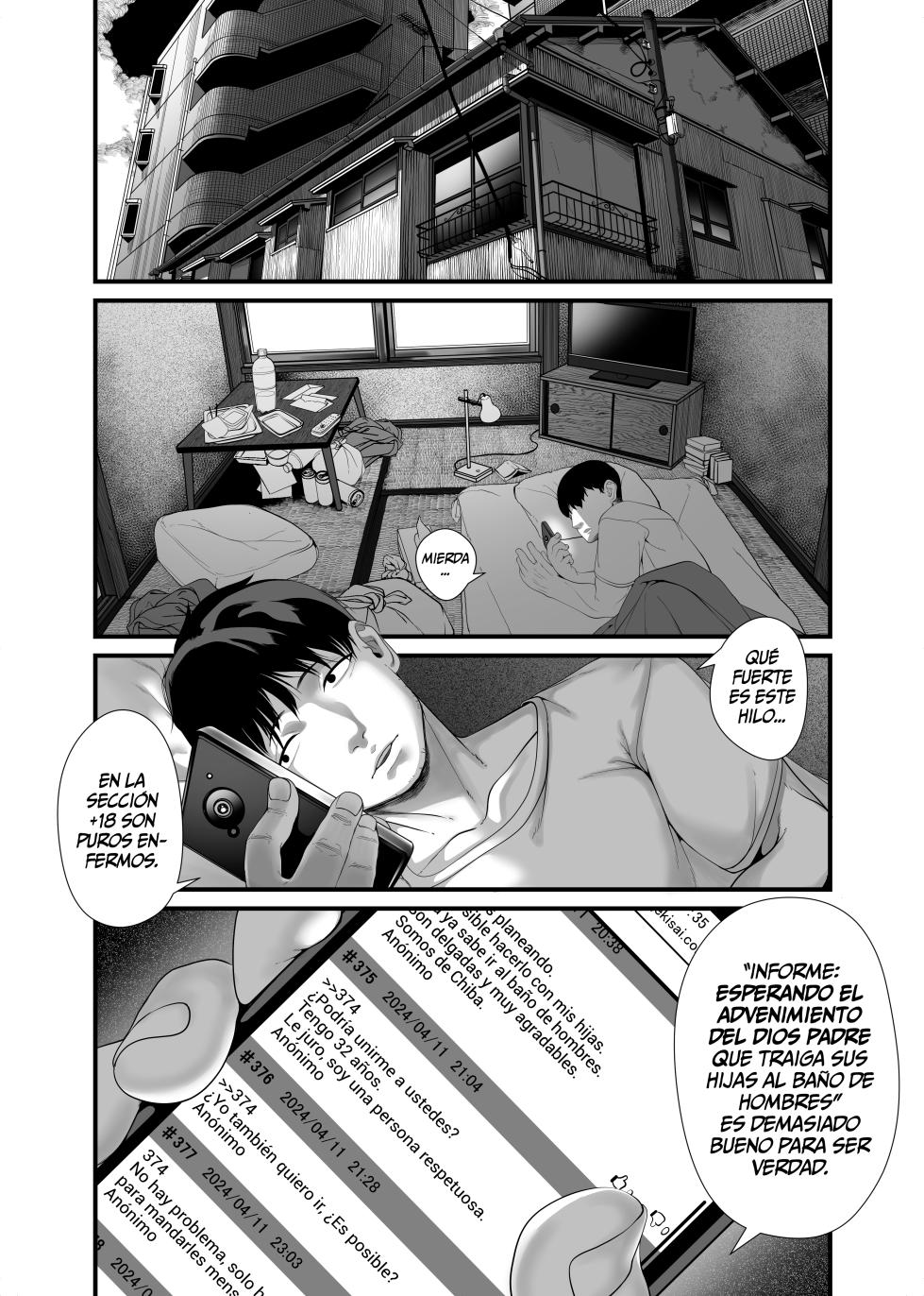 [Haien Kikan (Numata Shizumu)] Musume o Otokoyu ni Tsurete kuru Kami Papa ga Iru Rashii.｜El Dios Padre que lleva a sus hijas al baño de hombres. [Spanish] [Dr.Kaz] - Page 3