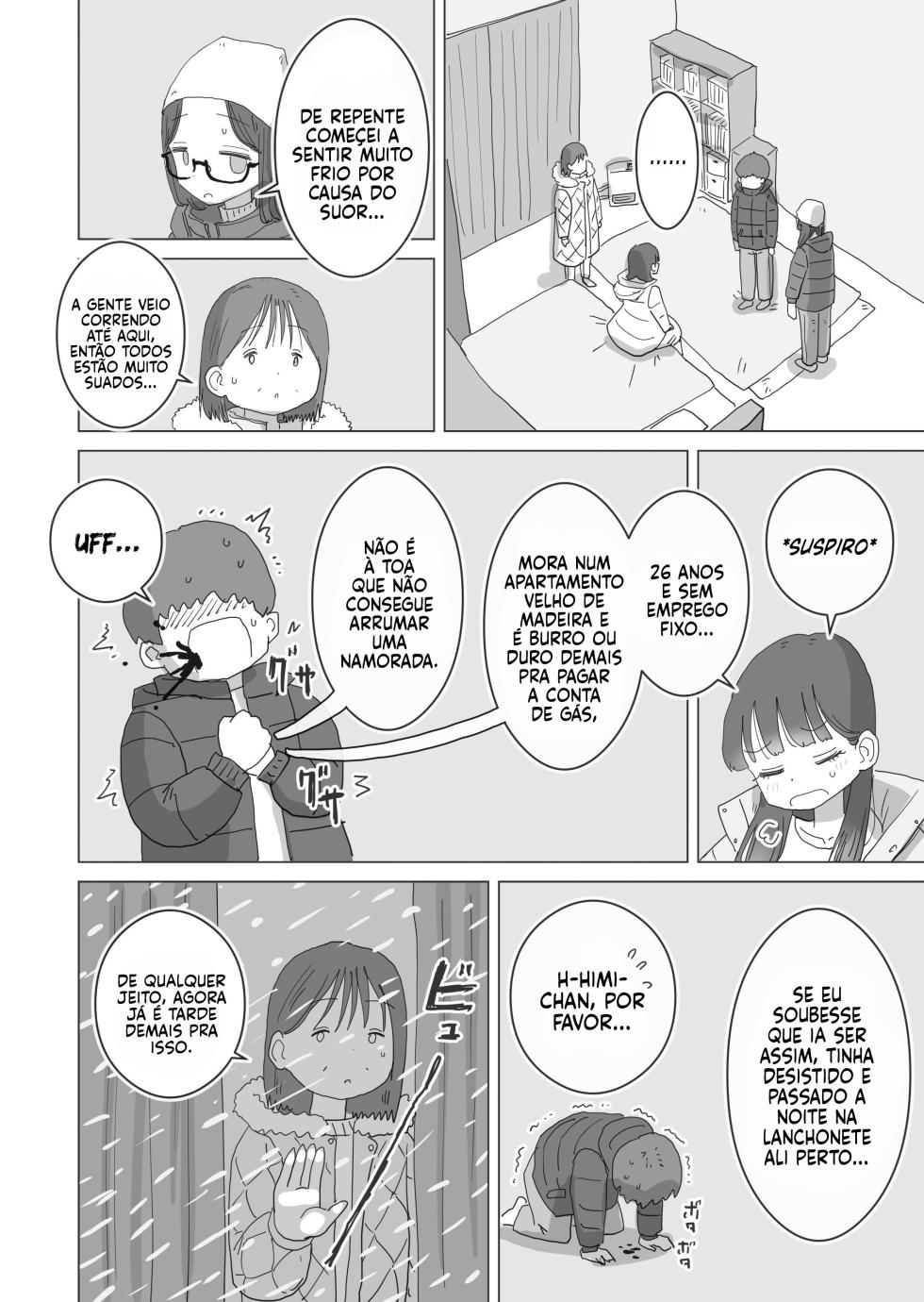 [Hiyashi Makura] Aru Ooyuki no Tsumetai Yoru Boku no Ie no Futon no Naka de Beit-saki no Onnanoko-tachi ga Naisho de Micchaku Atatame Ecchi Shite Kureta. | Numa noite fria e cheia de neve, minha colega teve uma transa secreta e quentinha comigo debaixo das cobertas. [Portuguese-BR] - Page 9