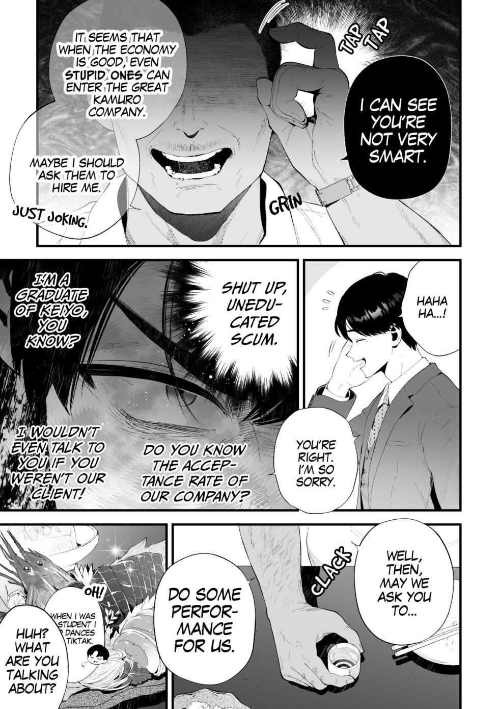 [Tambourine Tsume Houdai] Kuzu na Elite Shinnyuu Shain-kun Kyousei Chinpo Marudashi Enkaigei de Buzama Ochi | The Unsightly Nude Performance of an Elite Employee [English] - Page 15