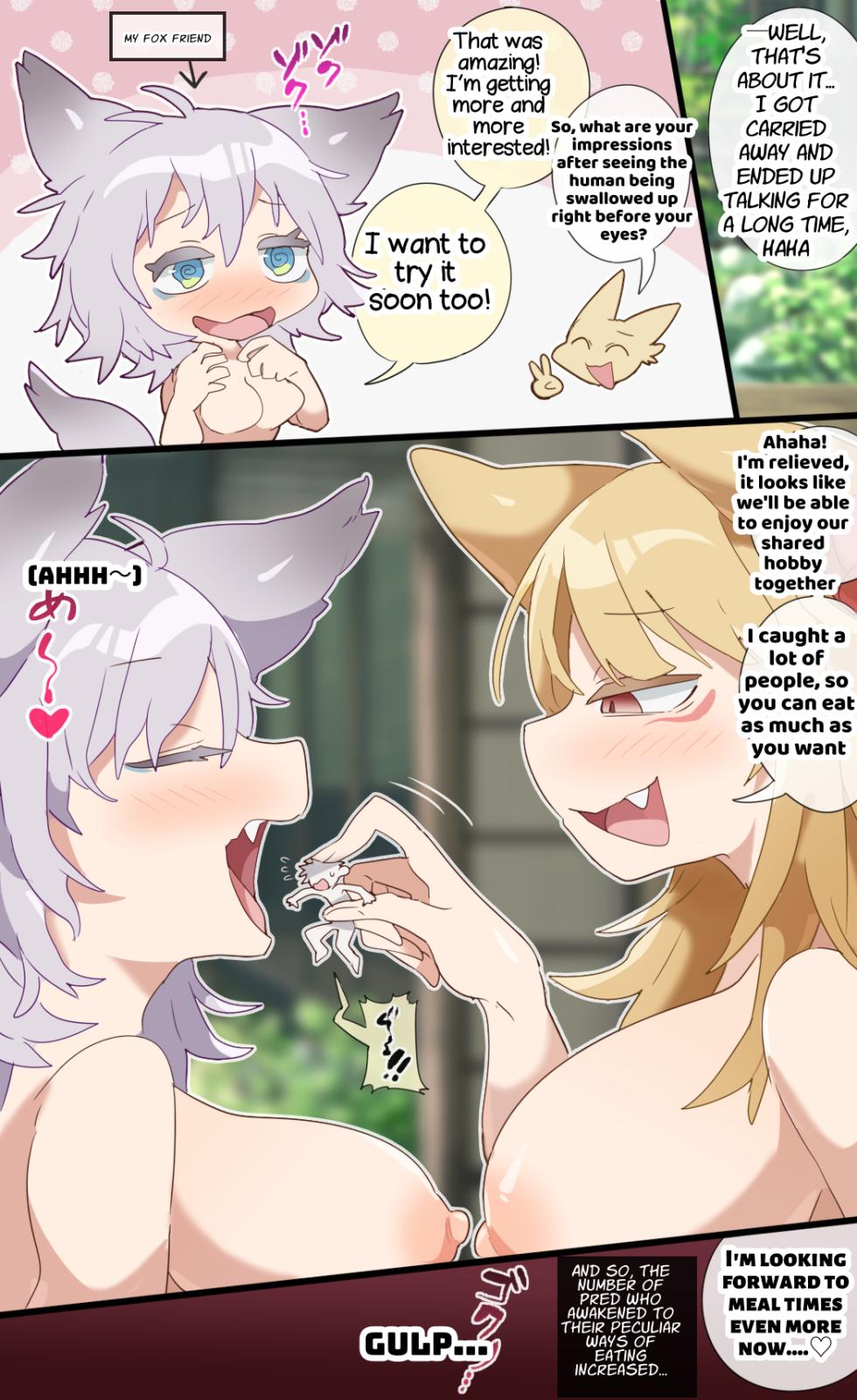 [imaat] A giant fox girl swallows humans whole while reviewing food in a vore manga [English/Japanese] - Page 7