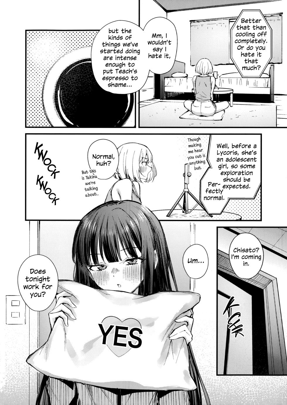 (C107) [Kitaku Jikan (Kitaku)] Saikin Aibou no Seiyoku ga Tsuyosugite Meccha Komatteru | My Partner's Sex Drive Is So Strong That It's Really Been Worrying Me Lately! (Lycoris Recoil) [English] - Page 3