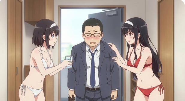 [AI Generated] Saekano: Office Goddesses Enslaved - Utaha, Eriri & Megumi Serving the Obese Leader and His Weak, Creepy, Midget Otaku Son(Non-Explicit Series) - Page 15