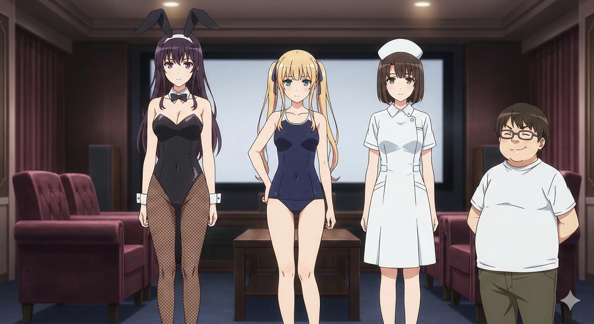 [AI Generated] Saekano: Office Goddesses Enslaved - Utaha, Eriri & Megumi Serving the Obese Leader and His Weak, Creepy, Midget Otaku Son(Non-Explicit Series) - Page 26