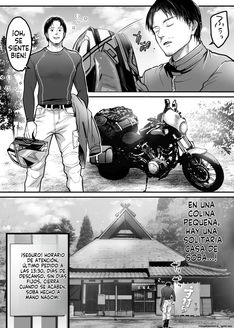 [Super Ichigo-chan (Misaoka)] Otoko Hitori Baiku Tabi ~Toge no Sobaya no Wakazuma Hen~｜Viaje en Moto en Solitario ~La Joven Esposa de la Tienda de Soba de la Colina~ [Spanish] [FallenSub] - Page 3