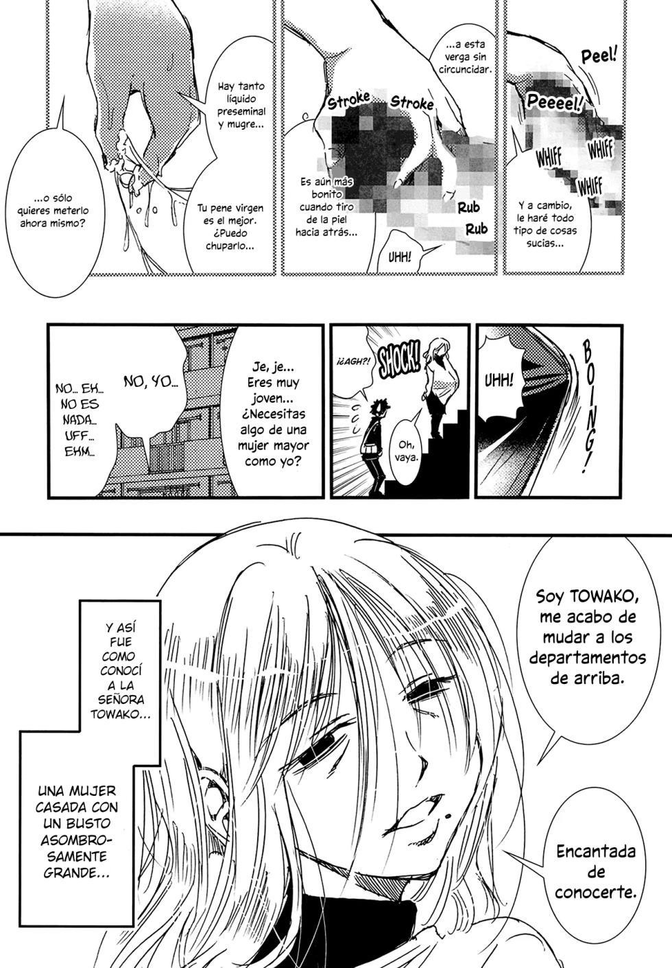 [Matsuyama Seiji] 56-sai Bust 256cm Danchizuma Ookiku Tareta Jukujo no Chibusa... Boku wa Kono Hito de Doutei o Sotsugyou Shita. | La madura ama de casa de 56 años y un busto de 256 [Spanish] - Page 10
