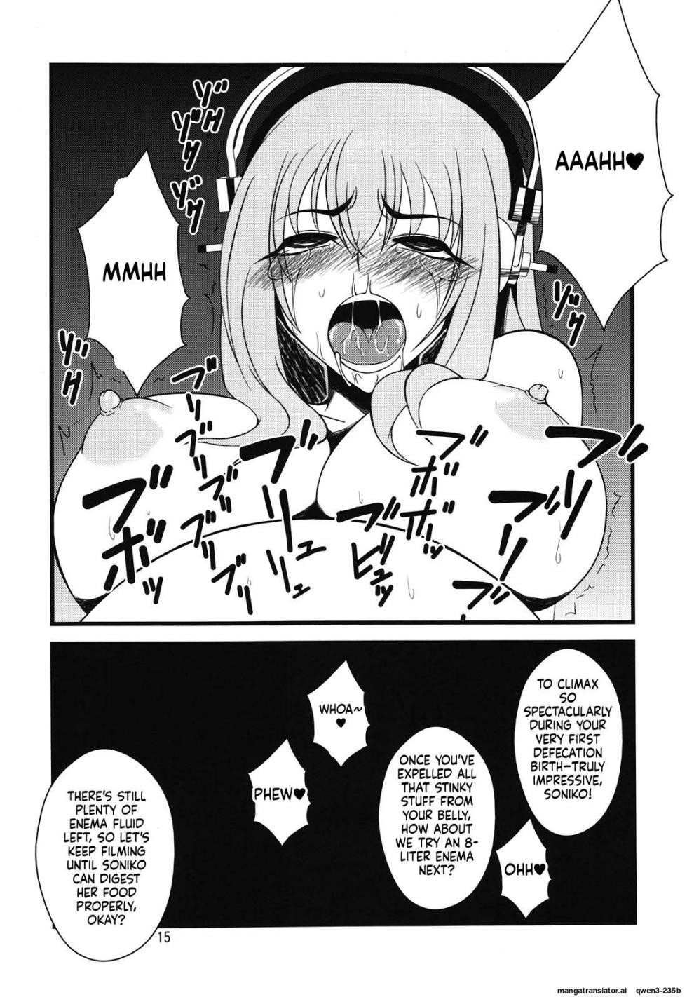 (C81) [Hanjuku Yude Tamago (Canadazin)] Sonico-san ga Botebara ni Sarete Ecchi na Koto o Sarechau Hon (Super Sonico) [English] - Page 15