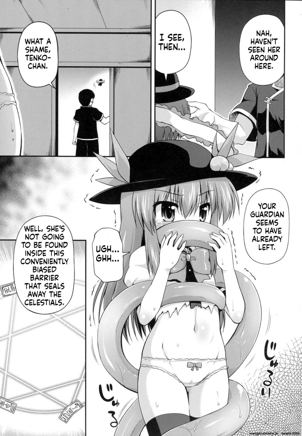 (Reitaisai 10) [Saihate-Kukan (Hino Hino)] Tenshi-chan to Shokushu Jikken!? - Tentacle experiment with Tenshi-chan!? | Tenshi-chan and the Tentacle Experiment!?  (Touhou Project) [English] [SCANMTL] - Page 2