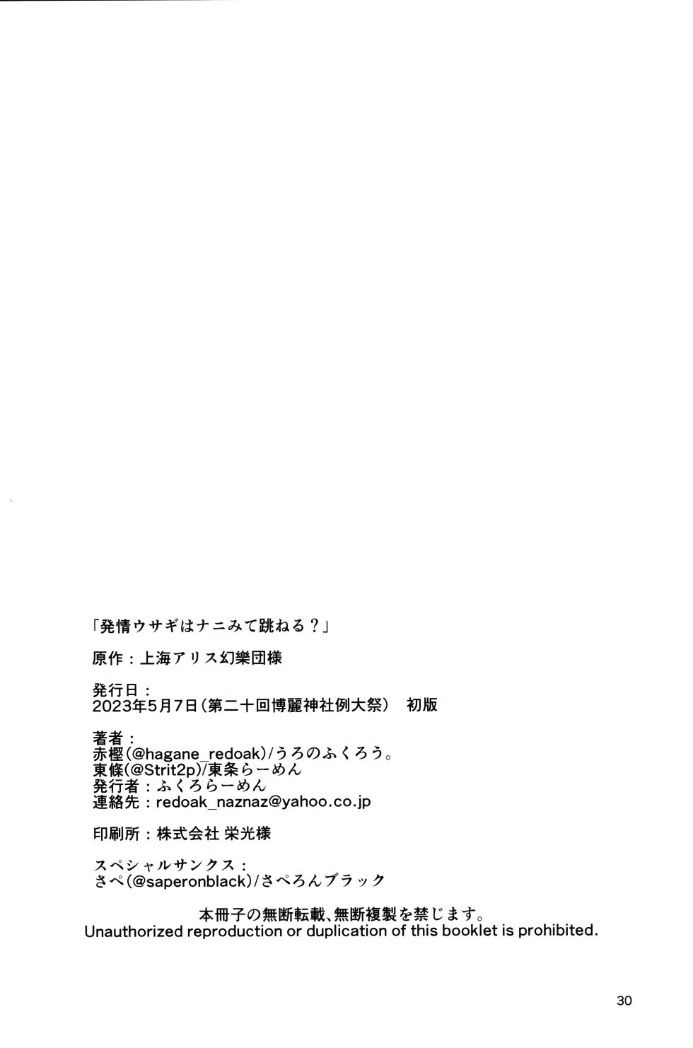 (Reitaisai 20) [Uro no Hukurou. (Akagashi, Toujou, Sape)] Hatsujou Usagi wa Nani Mite Haneru? (Touhou Project) [Chinese] - Page 29