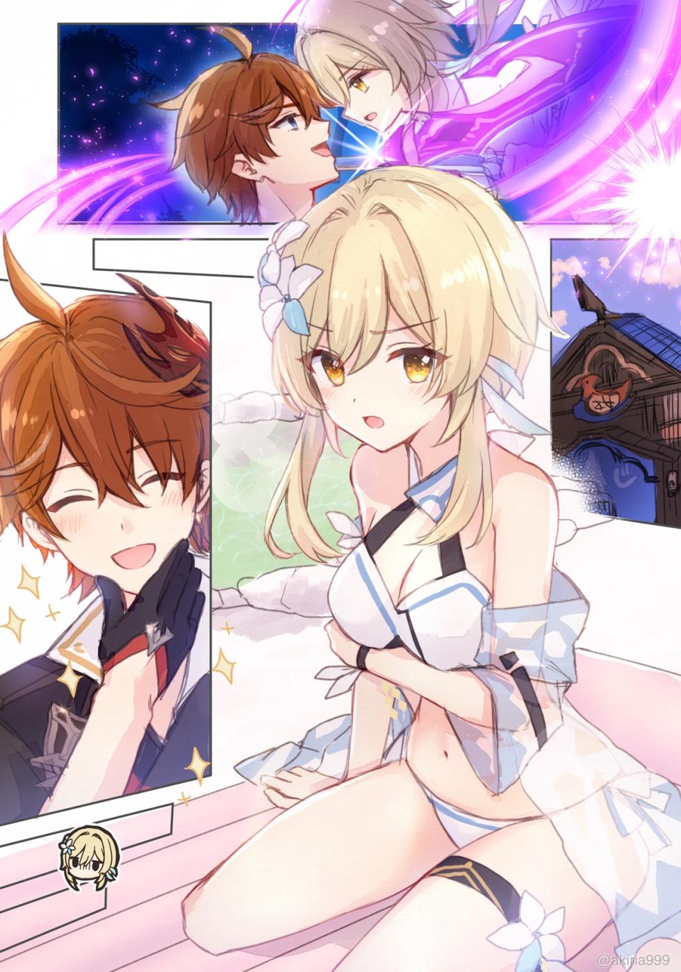 [Akitsuki Ria]Hotaru-chan (mizugi) ga Tarutariya to icha icha nagasare batsu gēmu onsen ofuro ecchi batoru shite kureru rabukome manga (Genshin Impact) | 穿着泳装的荧与达达利亚卿卿我我，在温泉中展开H对决的恋爱喜剧漫画  [Chinese] [倫倫倫个人汉化] - Page 13